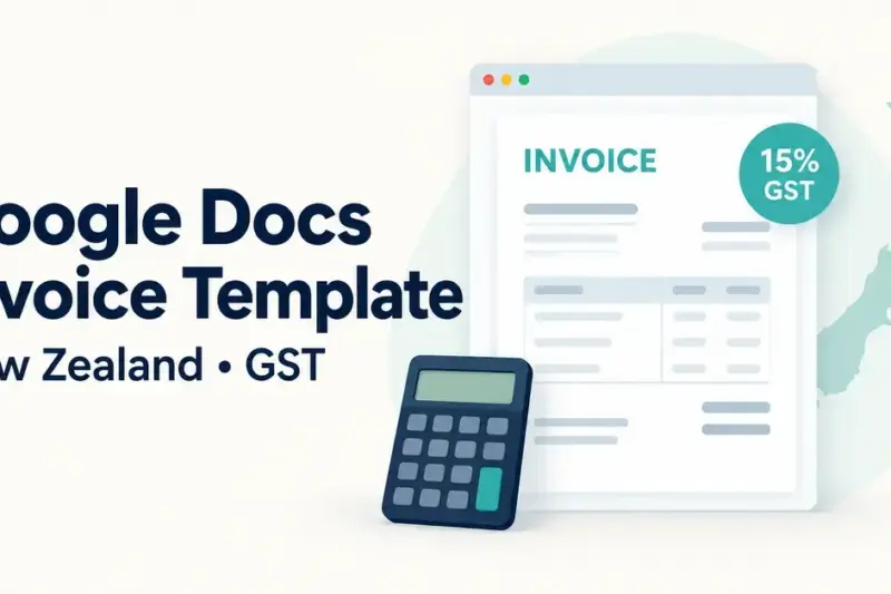 Google Docs invoice template graphic with an invoice document, calculator, New Zealand map and 15% GST badge.