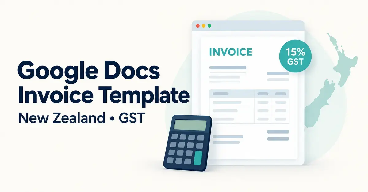 Google Docs invoice template graphic with an invoice document, calculator, New Zealand map and 15% GST badge.