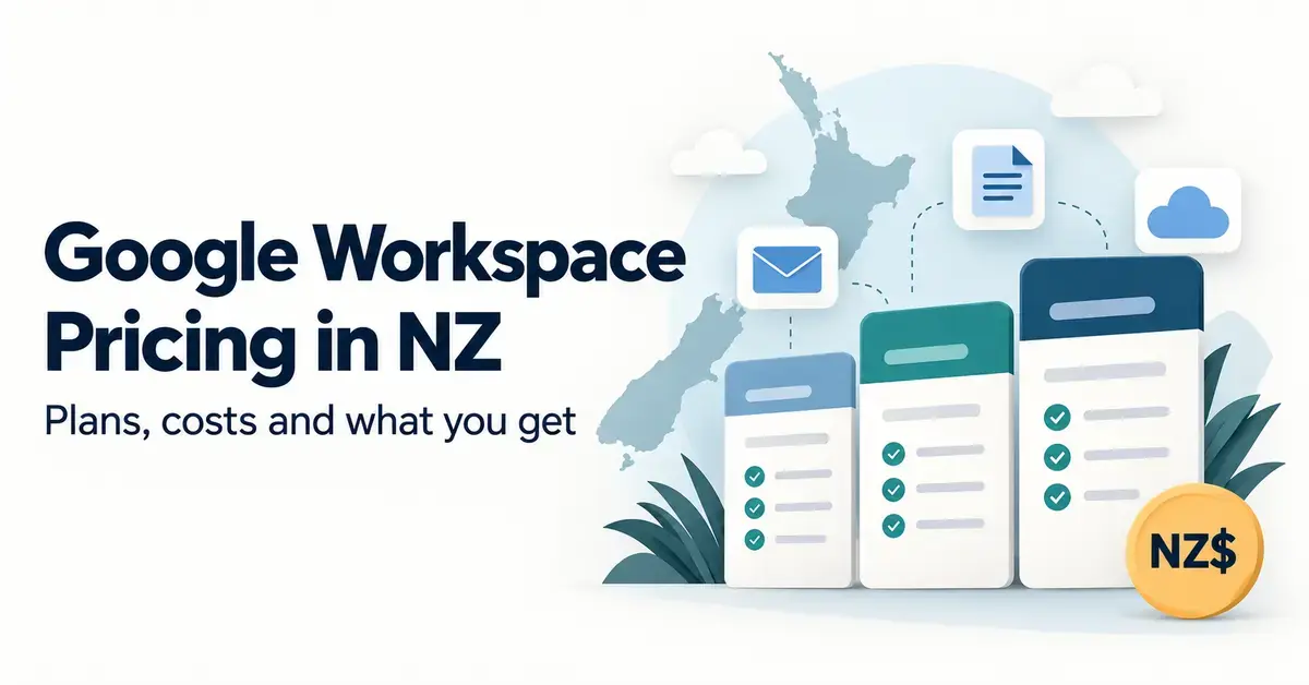 Google Workspace pricing in New Zealand graphic featuring subscription plan cards, an NZ$ badge and cloud productivity icons alongside a map of New Zealand.