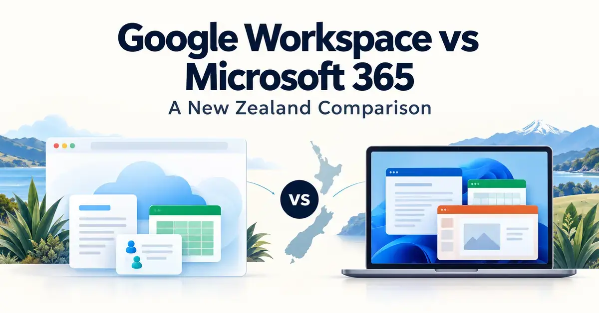 Google Workspace and Microsoft 365 comparison graphic showing cloud-based office tools beside a laptop, with a map of New Zealand between them.
