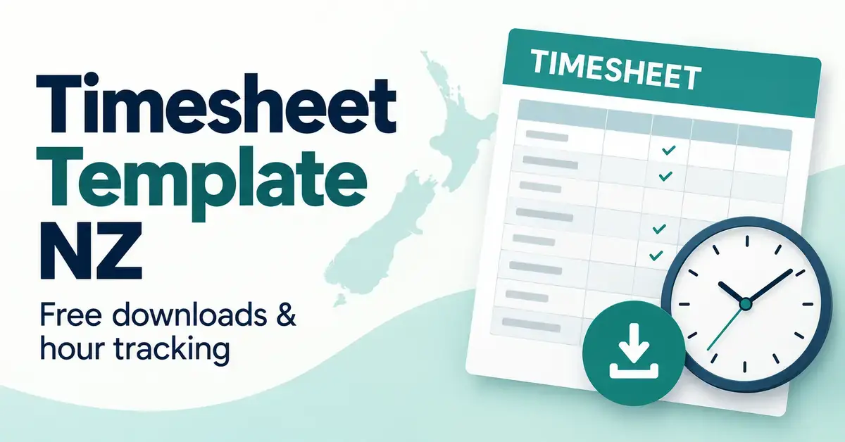 A timesheet spreadsheet, clock and download icon beside a map of New Zealand and the text “Timesheet Template NZ: Free downloads & hour tracking”.