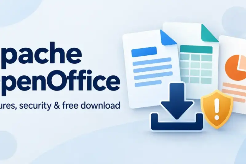 Apache OpenOffice graphic with document, spreadsheet and presentation icons alongside a download arrow and an amber security warning shield.