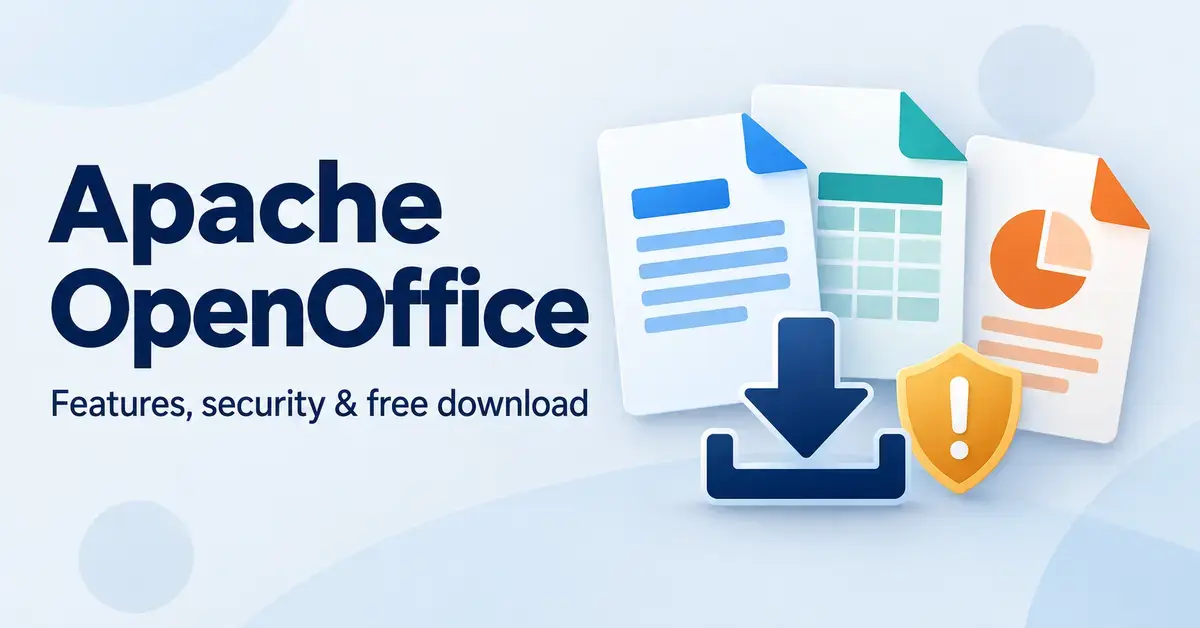 Apache OpenOffice graphic with document, spreadsheet and presentation icons alongside a download arrow and an amber security warning shield.