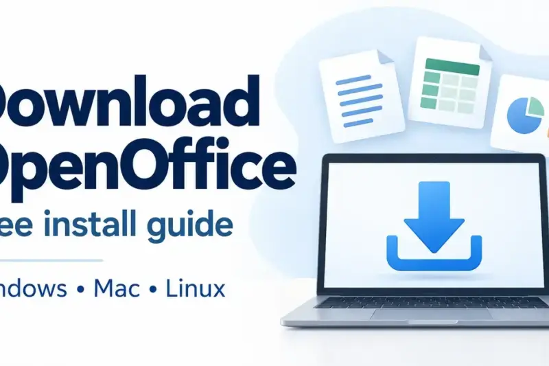 A laptop showing a download arrow beside document, spreadsheet and presentation icons, with text introducing the free OpenOffice install guide for Windows, Mac and Linux.