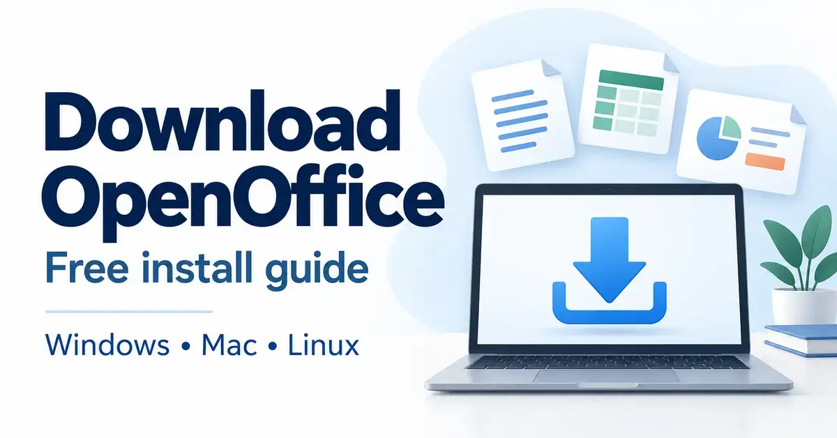 A laptop showing a download arrow beside document, spreadsheet and presentation icons, with text introducing the free OpenOffice install guide for Windows, Mac and Linux.