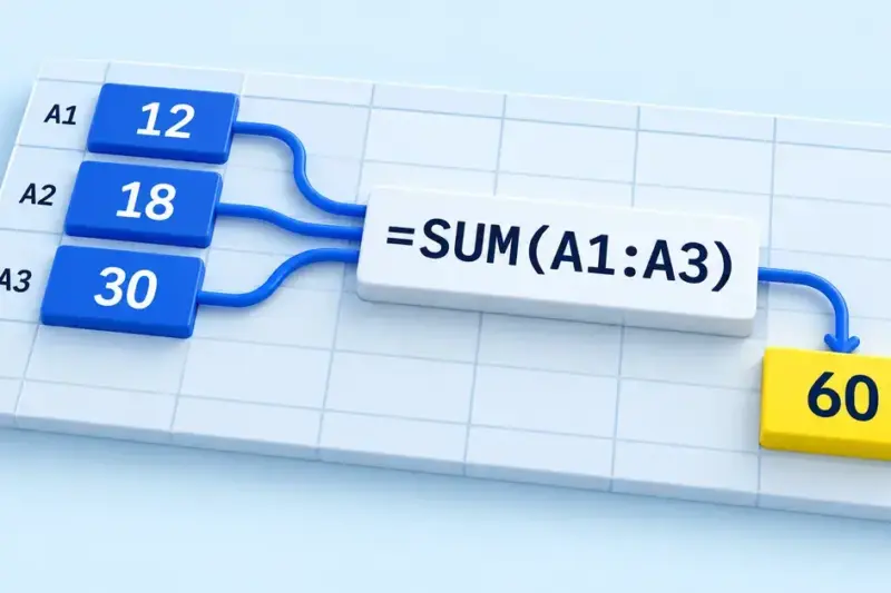 Blue spreadsheet cells containing 12, 18 and 30 connect to the formula =SUM(A1:A3), which produces a yellow result cell showing 60.