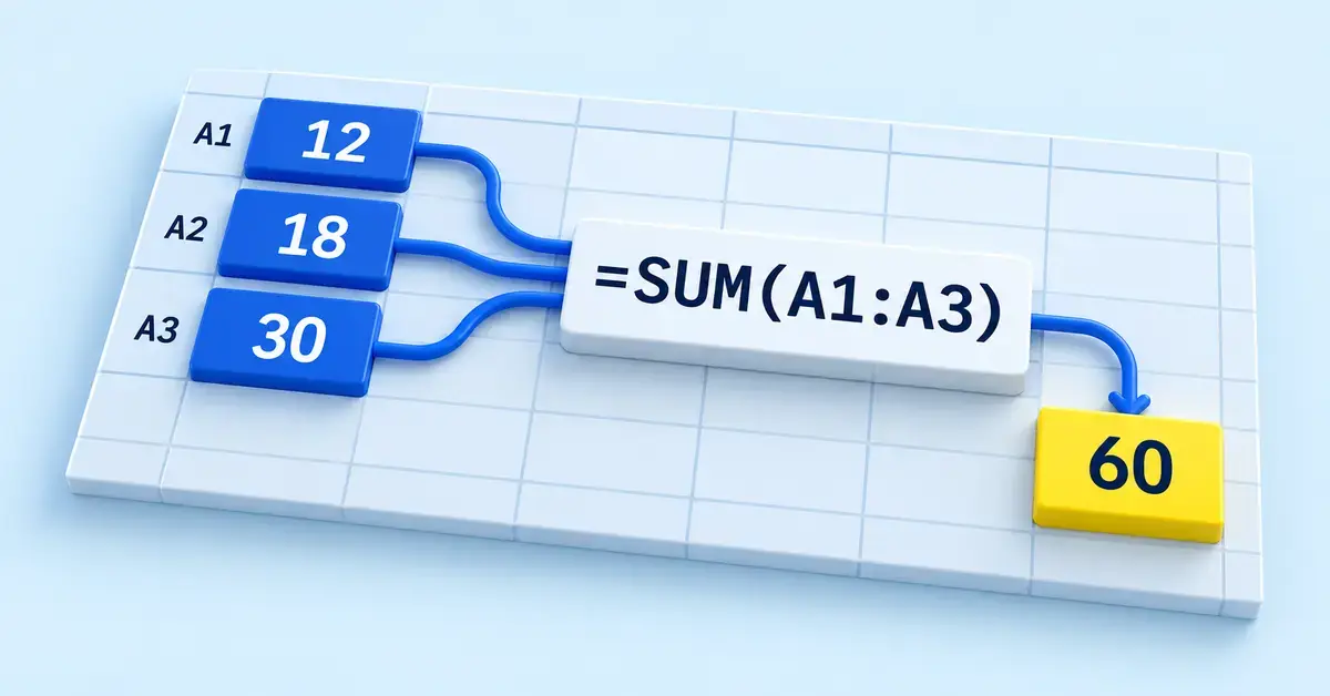 Blue spreadsheet cells containing 12, 18 and 30 connect to the formula =SUM(A1:A3), which produces a yellow result cell showing 60.