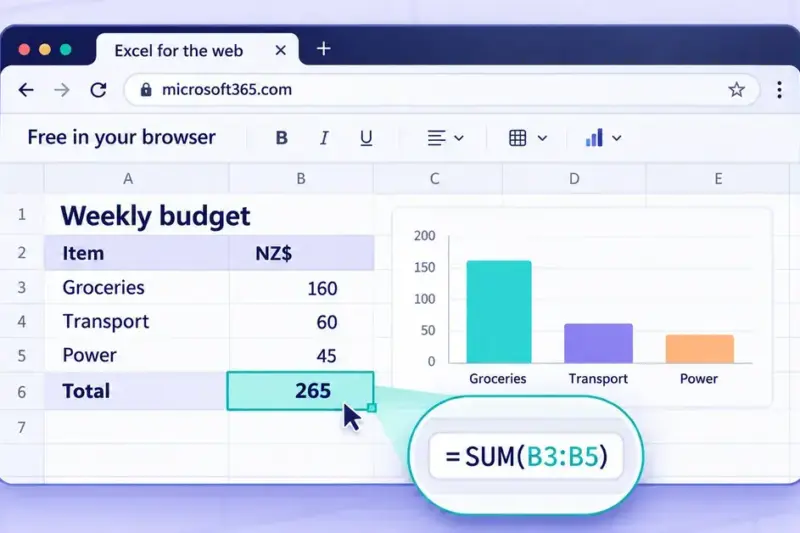 Illustration of Excel for the web displaying a weekly budget in New Zealand dollars, a bar chart and a highlighted SUM formula in a browser window.