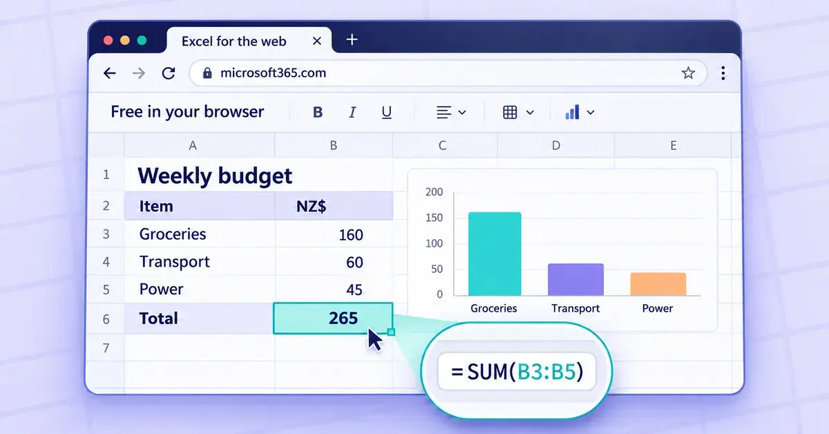 Illustration of Excel for the web displaying a weekly budget in New Zealand dollars, a bar chart and a highlighted SUM formula in a browser window.
