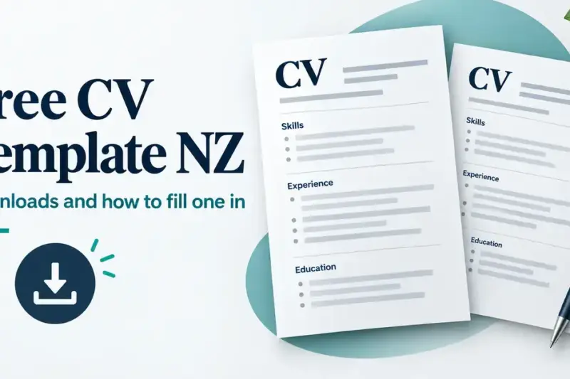 Two CV templates with skills, experience and education sections, a pen and a download icon beside the title Free CV Template NZ.