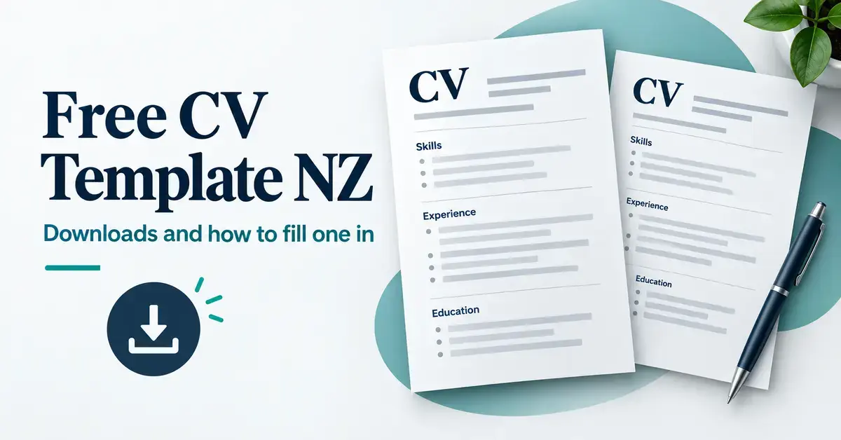 Two CV templates with skills, experience and education sections, a pen and a download icon beside the title Free CV Template NZ.