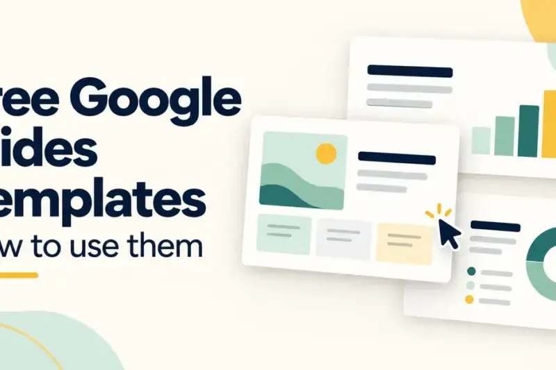 Three presentation template cards with charts and a selection cursor beside the text “Free Google Slides Templates” and “How to use them”.