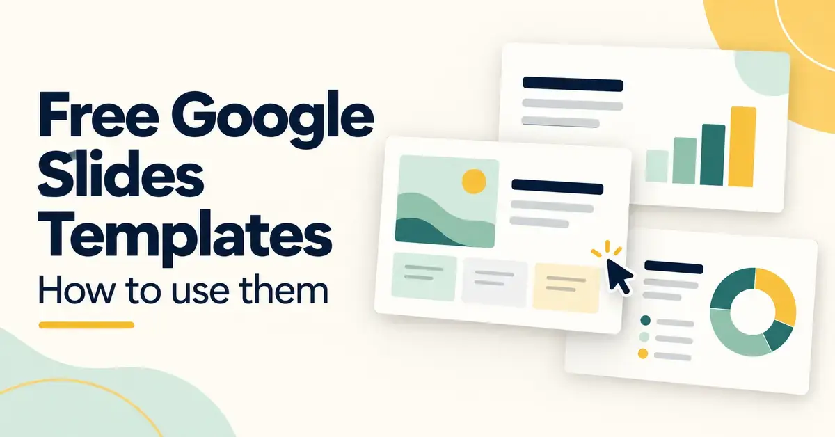 Three presentation template cards with charts and a selection cursor beside the text “Free Google Slides Templates” and “How to use them”.