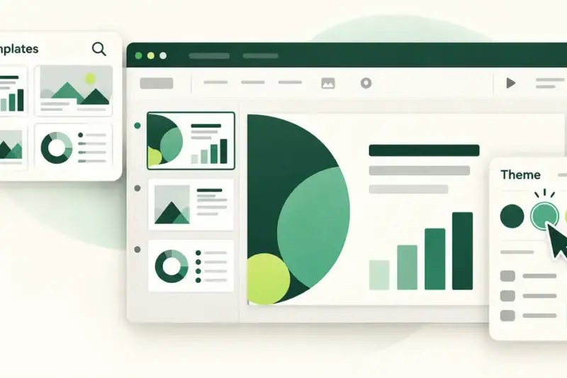 Illustration of a free presentation template gallery and a theme editor applying a coordinated green colour palette across multiple slides.