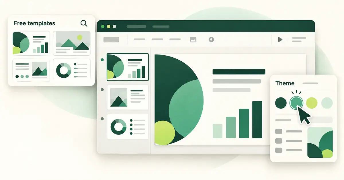 Illustration of a free presentation template gallery and a theme editor applying a coordinated green colour palette across multiple slides.