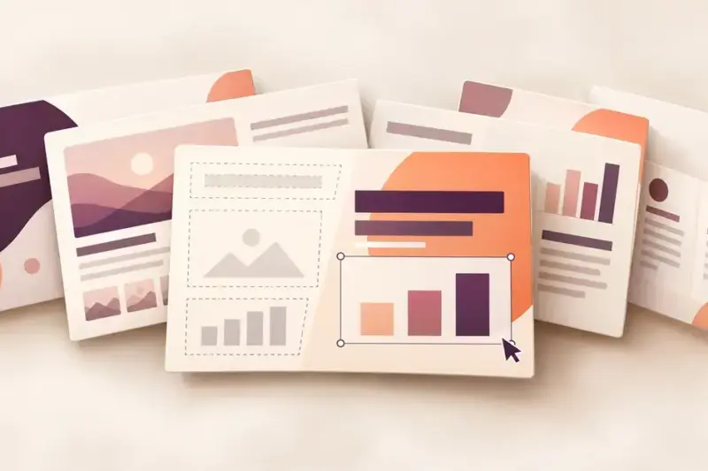 A fan of presentation templates in apricot and aubergine shows blank placeholders becoming finished slides with charts, images and editable layouts.
