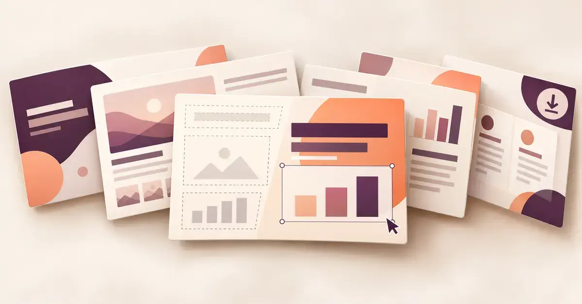 A fan of presentation templates in apricot and aubergine shows blank placeholders becoming finished slides with charts, images and editable layouts.
