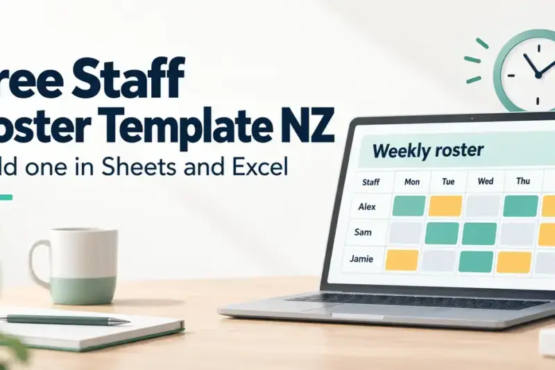 A laptop displays a colour-coded weekly staff roster beside the headline ‘Free Staff Roster Template NZ’ and the subtitle ‘Build one in Sheets and Excel’.