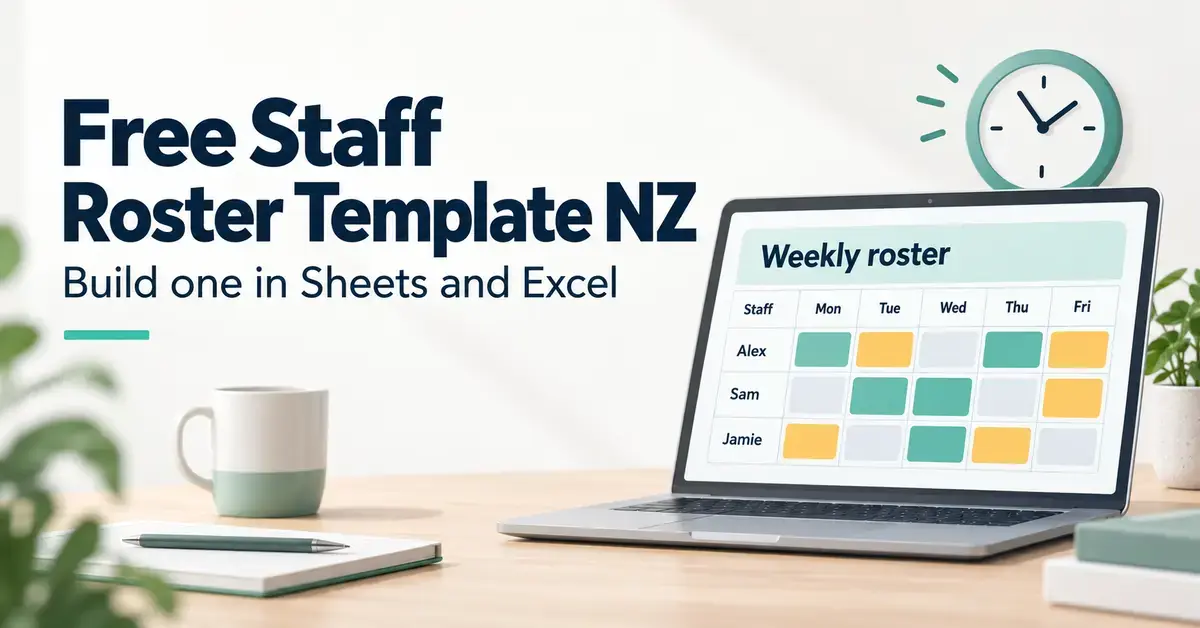 A laptop displays a colour-coded weekly staff roster beside the headline ‘Free Staff Roster Template NZ’ and the subtitle ‘Build one in Sheets and Excel’.