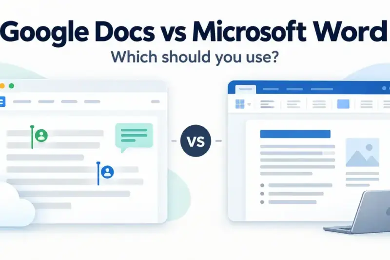 Google Docs and Microsoft Word comparison graphic showing cloud collaboration beside document formatting and a laptop, with the question “Which should you use?”.