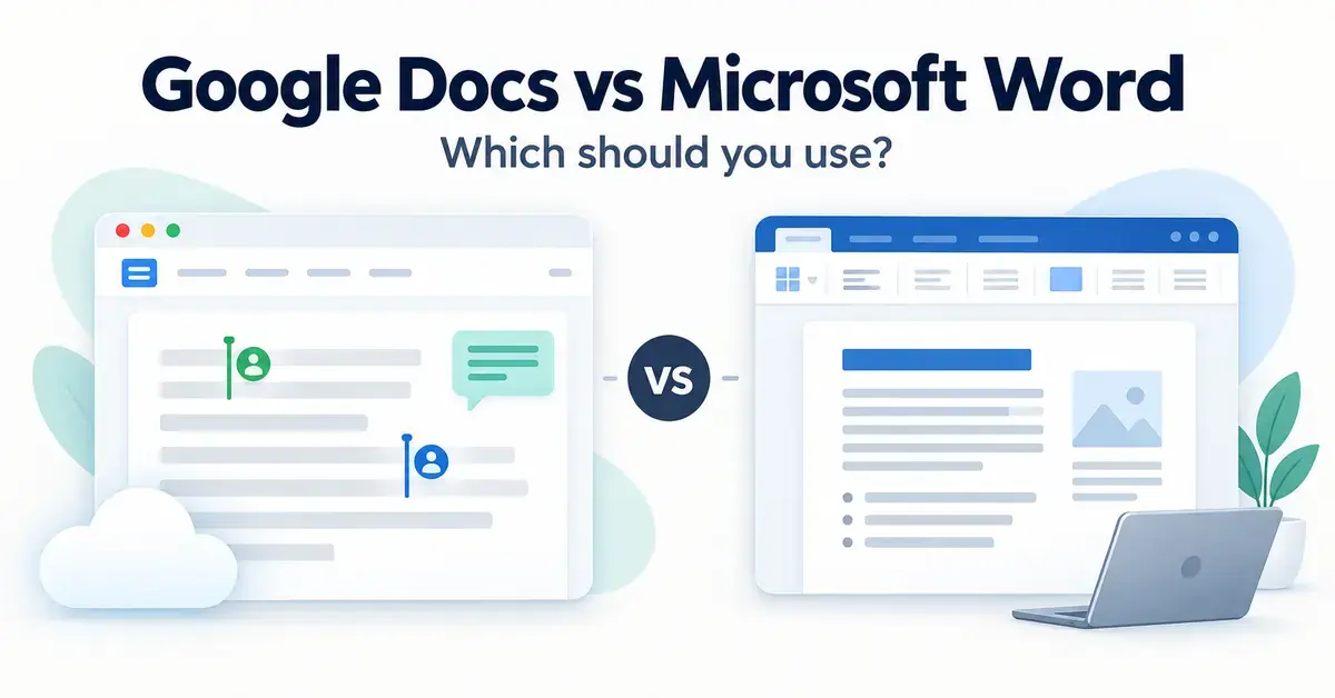 Google Docs and Microsoft Word comparison graphic showing cloud collaboration beside document formatting and a laptop, with the question “Which should you use?”.