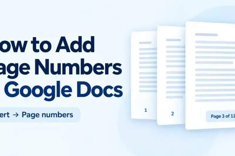 Graphic showing how to add page numbers in Google Docs, with the Insert menu route and three document pages featuring numbered footers.