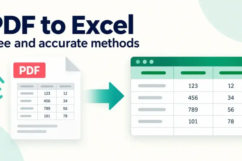 A PDF document with a table converts into an editable spreadsheet beneath the heading “PDF to Excel: Free and accurate methods”.