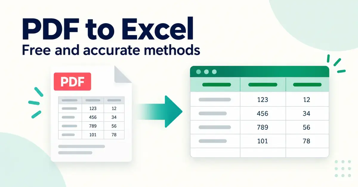 A PDF document with a table converts into an editable spreadsheet beneath the heading “PDF to Excel: Free and accurate methods”.