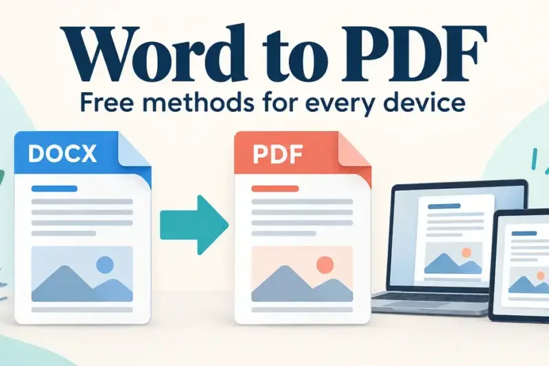 A DOCX document converts to PDF beside a laptop, tablet and smartphone, with the heading “Word to PDF” and subtitle “Free methods for every device”.