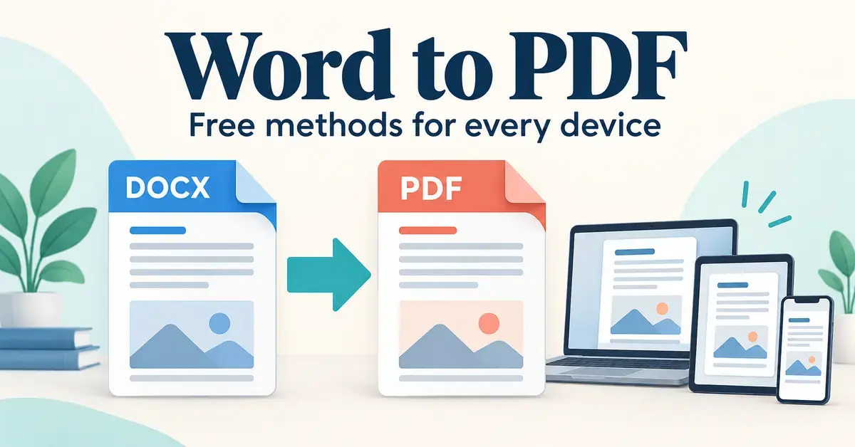 A DOCX document converts to PDF beside a laptop, tablet and smartphone, with the heading “Word to PDF” and subtitle “Free methods for every device”.