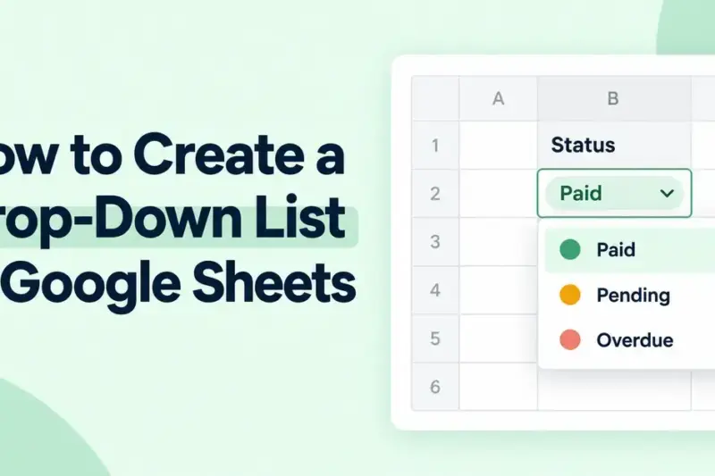 Graphic illustrating a Google Sheets drop-down list with colour-coded Paid, Pending and Overdue options beside the article title.