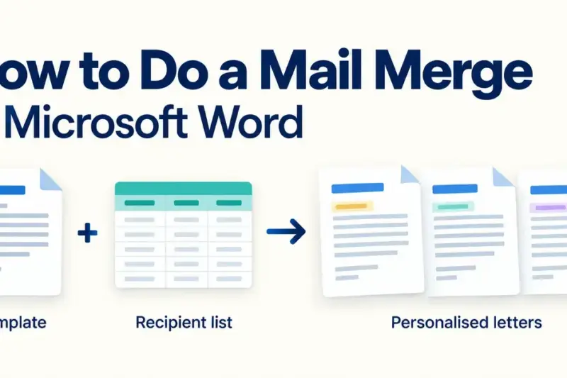 A graphic showing how a letter template and a recipient list combine to create personalised letters using mail merge in Microsoft Word.