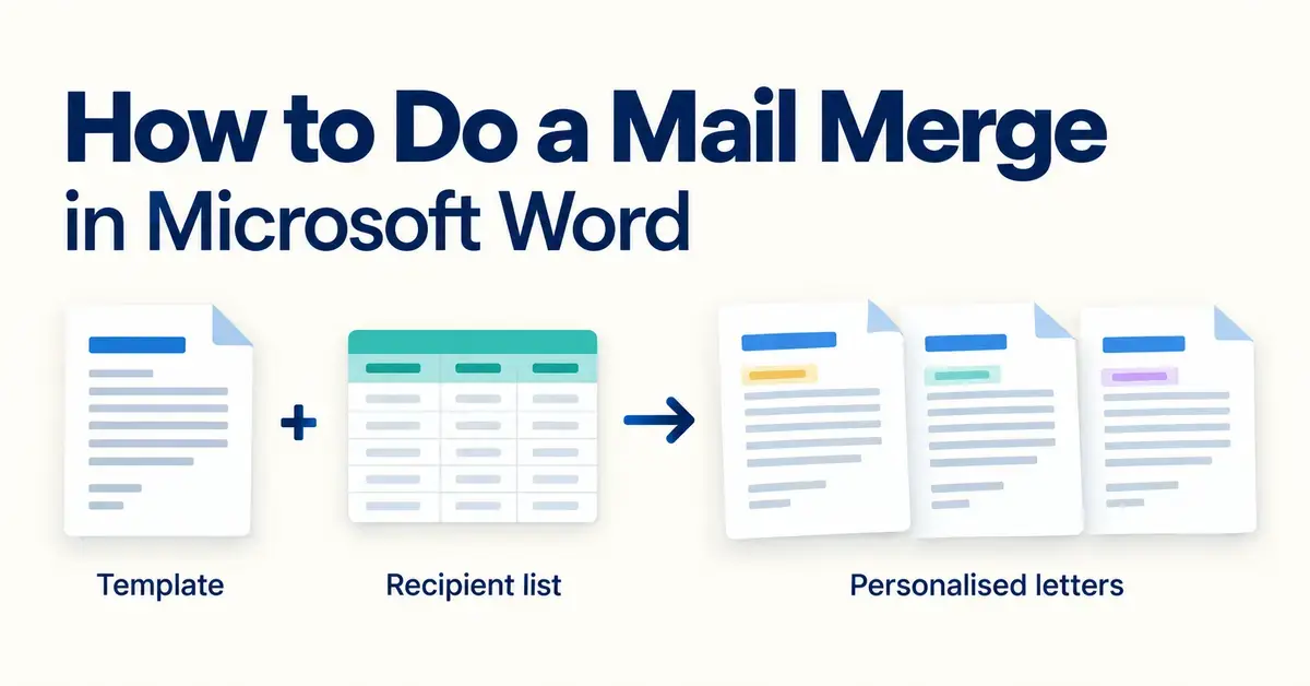 A graphic showing how a letter template and a recipient list combine to create personalised letters using mail merge in Microsoft Word.