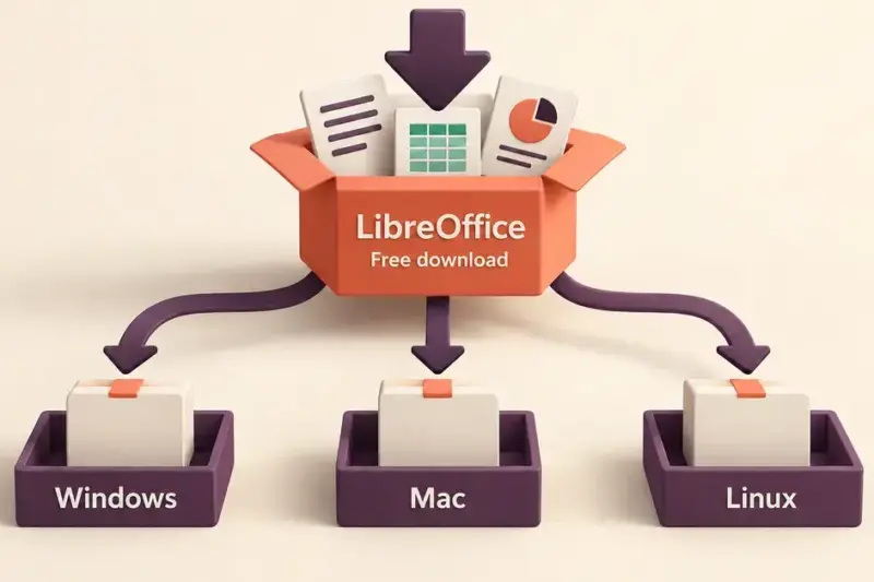 A LibreOffice free download package containing document, spreadsheet and presentation sheets branches into three download trays labelled Windows, Mac and Linux.