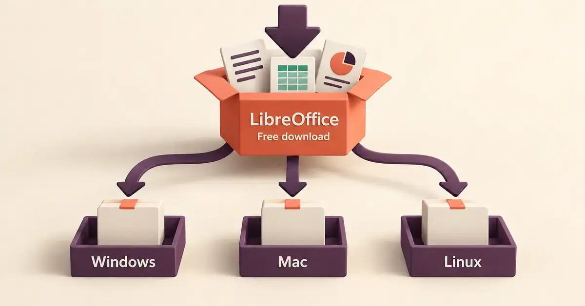 A LibreOffice free download package containing document, spreadsheet and presentation sheets branches into three download trays labelled Windows, Mac and Linux.