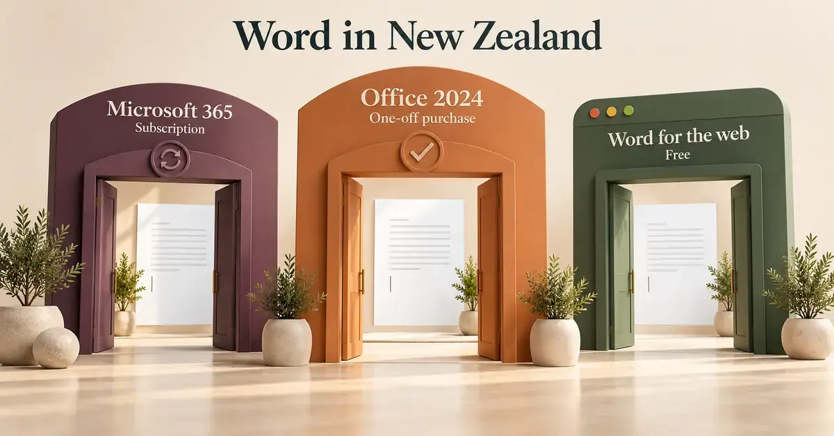 Three open doorways represent Microsoft 365 subscriptions, a one-off Office 2024 purchase and free Word for the web access in New Zealand.