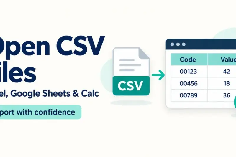 Graphic showing a CSV file being imported into a spreadsheet with leading zeros preserved, alongside the text “Open CSV files” and “Excel, Google Sheets & Calc”.