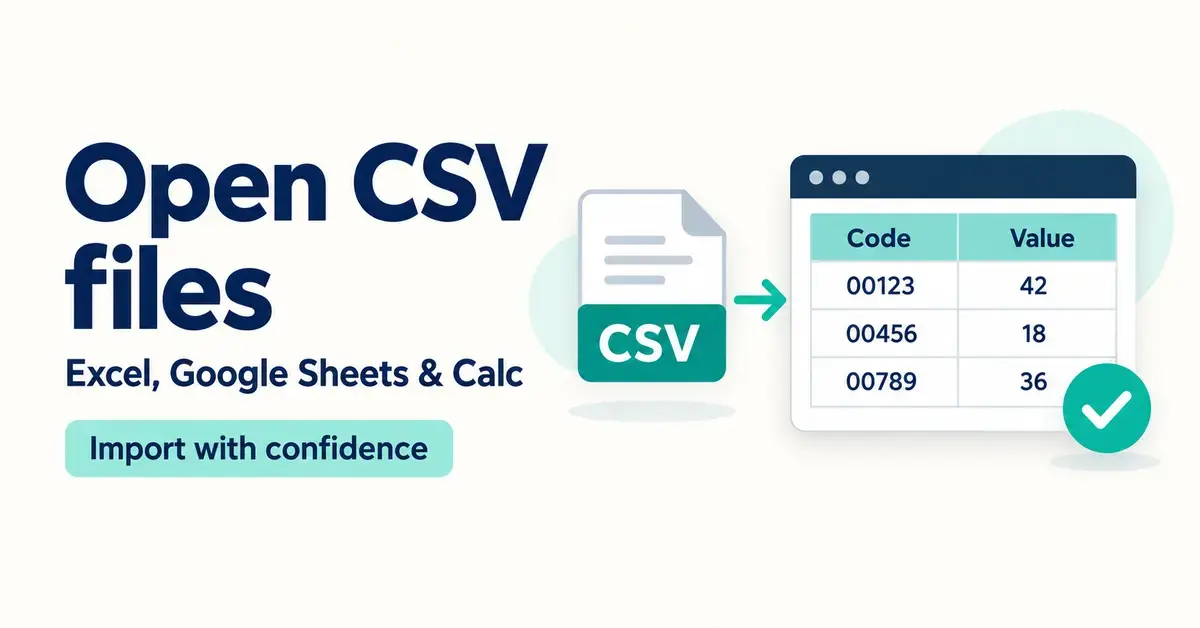 Graphic showing a CSV file being imported into a spreadsheet with leading zeros preserved, alongside the text “Open CSV files” and “Excel, Google Sheets & Calc”.
