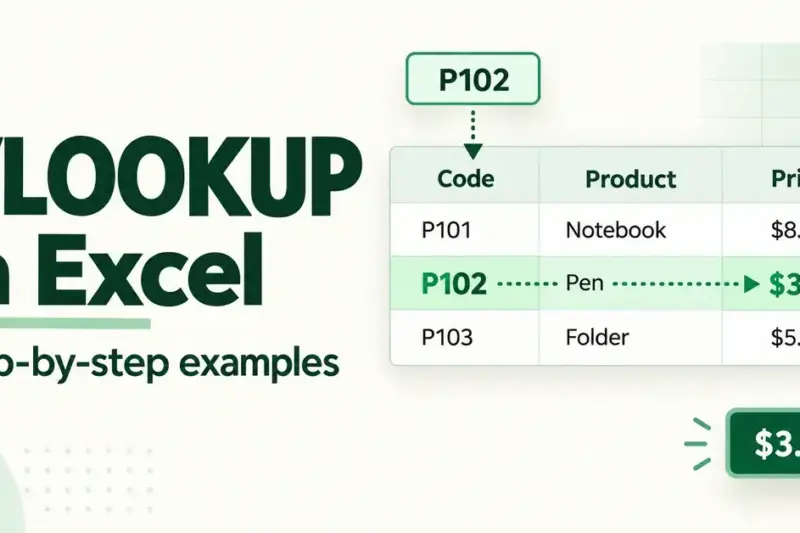 VLOOKUP in Excel graphic showing product code P102 matched to a pen priced at $3.50 in a spreadsheet table.