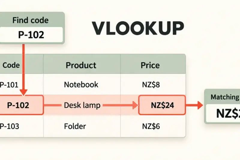 Diagram showing VLOOKUP finding product code P-102 in a table and returning the matching desk lamp price of NZ$24.
