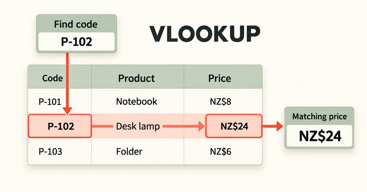 Diagram showing VLOOKUP finding product code P-102 in a table and returning the matching desk lamp price of NZ$24.
