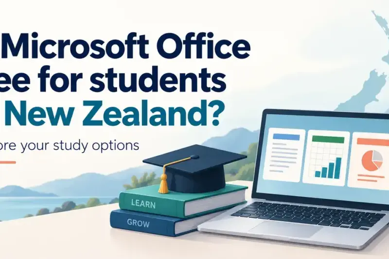 Graphic asking whether Microsoft Office is free for students in New Zealand, with a laptop showing document panels, a graduation cap, books and a New Zealand map.