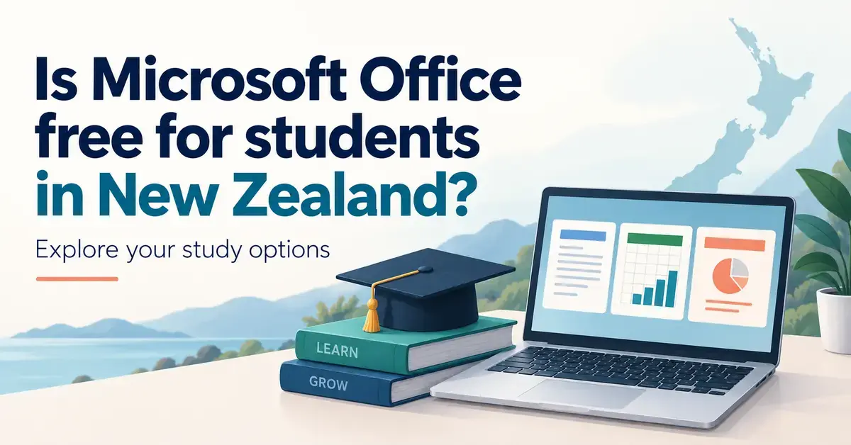 Graphic asking whether Microsoft Office is free for students in New Zealand, with a laptop showing document panels, a graduation cap, books and a New Zealand map.
