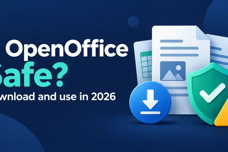 Graphic asking whether OpenOffice is safe to download and use in 2026, with office documents, a download arrow, a teal shield and an amber warning symbol.