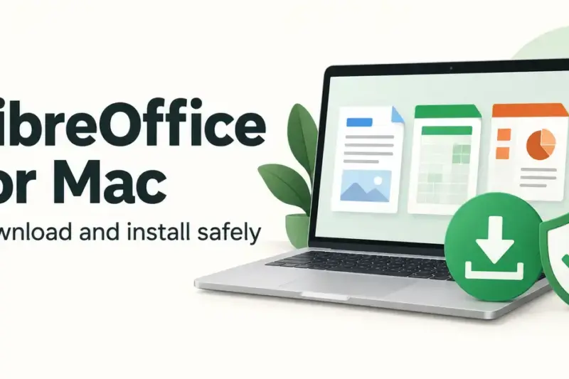 A laptop displaying document, spreadsheet and presentation graphics beside a download arrow and shield, with the text “LibreOffice for Mac” and “Download and install safely”.