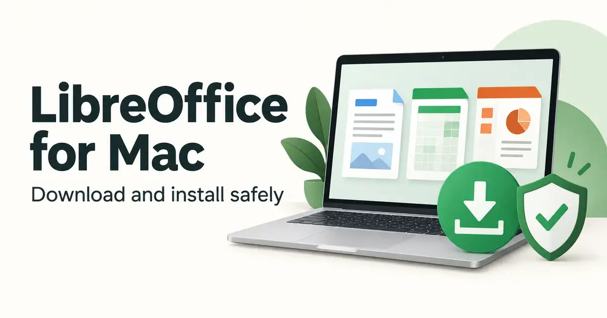 A laptop displaying document, spreadsheet and presentation graphics beside a download arrow and shield, with the text “LibreOffice for Mac” and “Download and install safely”.
