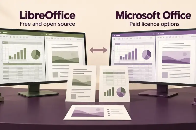 Side-by-side LibreOffice and Microsoft Office screens show matching documents and spreadsheets, highlighting free open-source software, paid licence options and file compatibility.