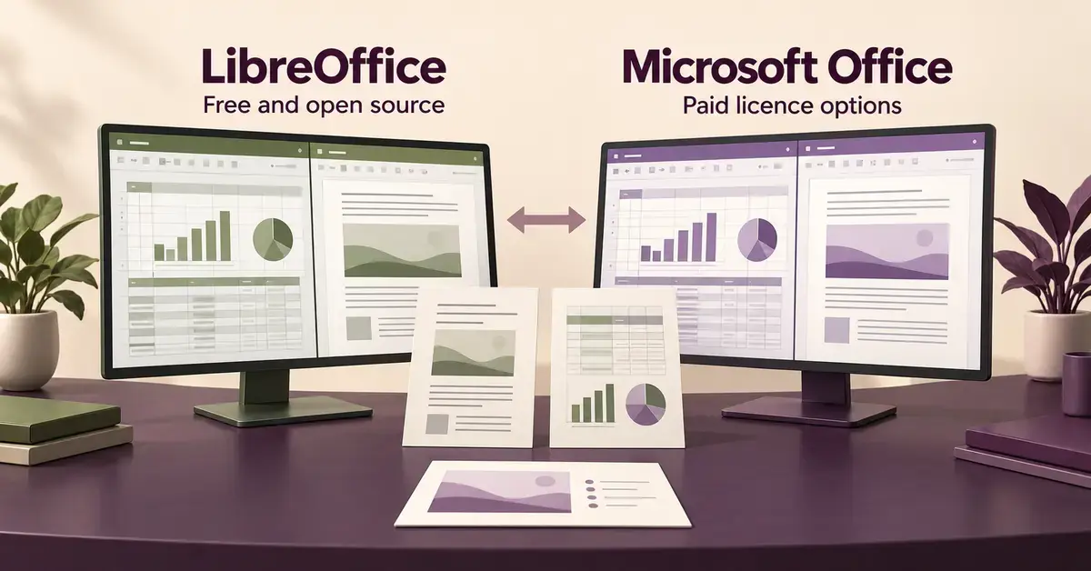 Side-by-side LibreOffice and Microsoft Office screens show matching documents and spreadsheets, highlighting free open-source software, paid licence options and file compatibility.