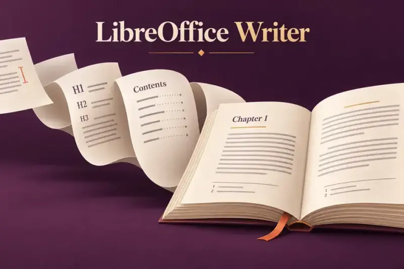 Illustration of pages unfolding into an open book with headings, contents, footnotes and .odt and .docx tabs, representing LibreOffice Writer’s features and file formats.