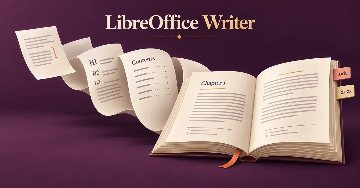 Illustration of pages unfolding into an open book with headings, contents, footnotes and .odt and .docx tabs, representing LibreOffice Writer’s features and file formats.